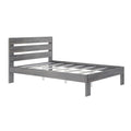 Gray wood platform bed frame with horizontal slatted headboard and wooden mattress support slats, modern rustic bedroom furniture
