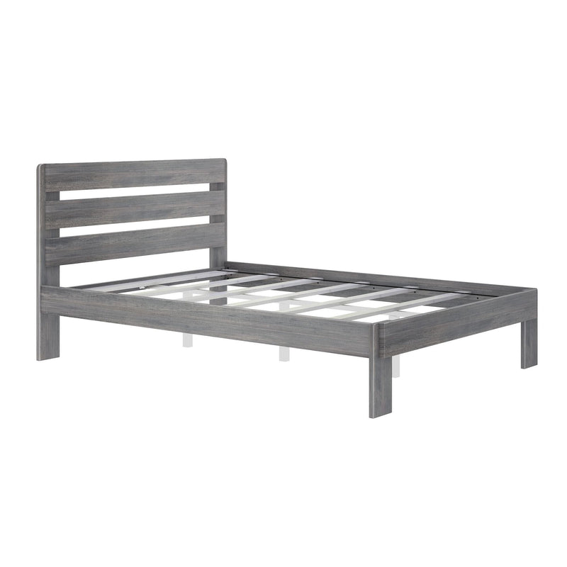 Gray wood platform bed frame with horizontal slatted headboard and wooden mattress support slats, modern rustic bedroom furniture