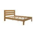 Solid oak platform bed frame with horizontal slatted headboard and slatted base in natural oak finish