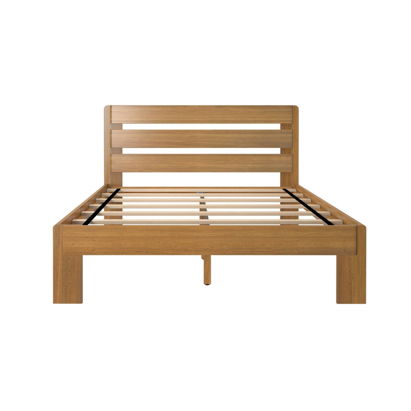 Solid wood slatted platform bed frame with horizontal plank headboard in natural oak finish, modern farmhouse style