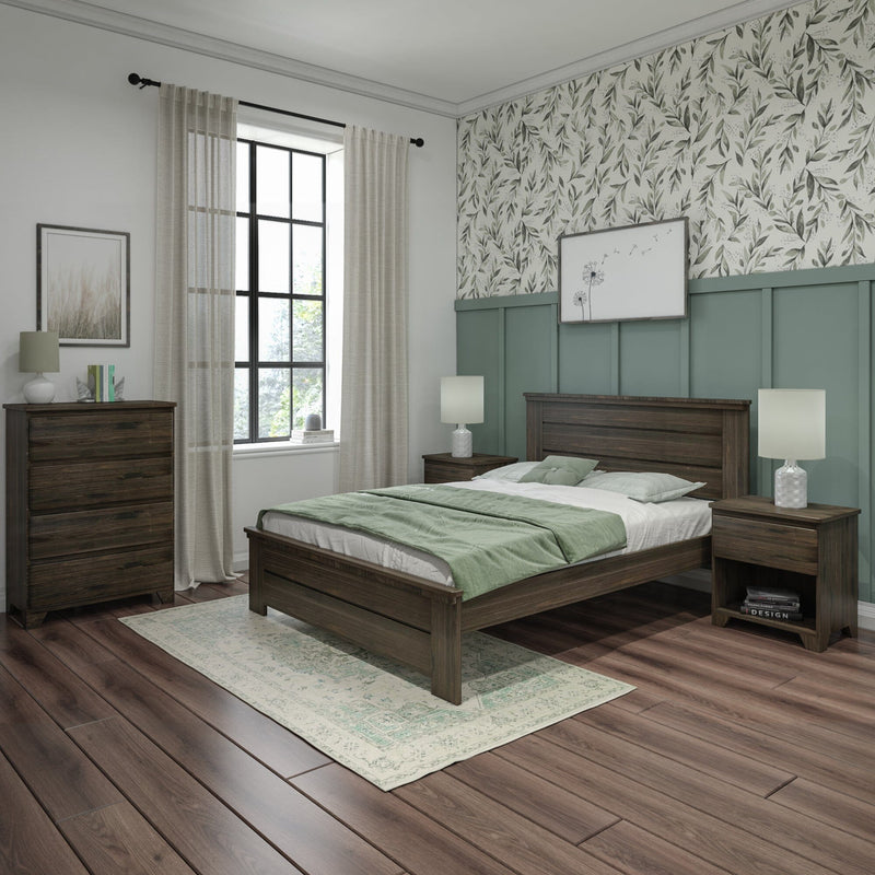 Modern bedroom with wooden furniture, green accents, and large window for natural light.