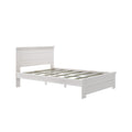White wooden platform bed frame with slatted headboard and exposed wooden slats, modern farmhouse bedroom furniture