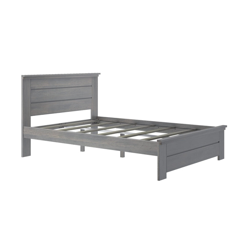 Gray wooden platform bed frame with slatted headboard and footboard.