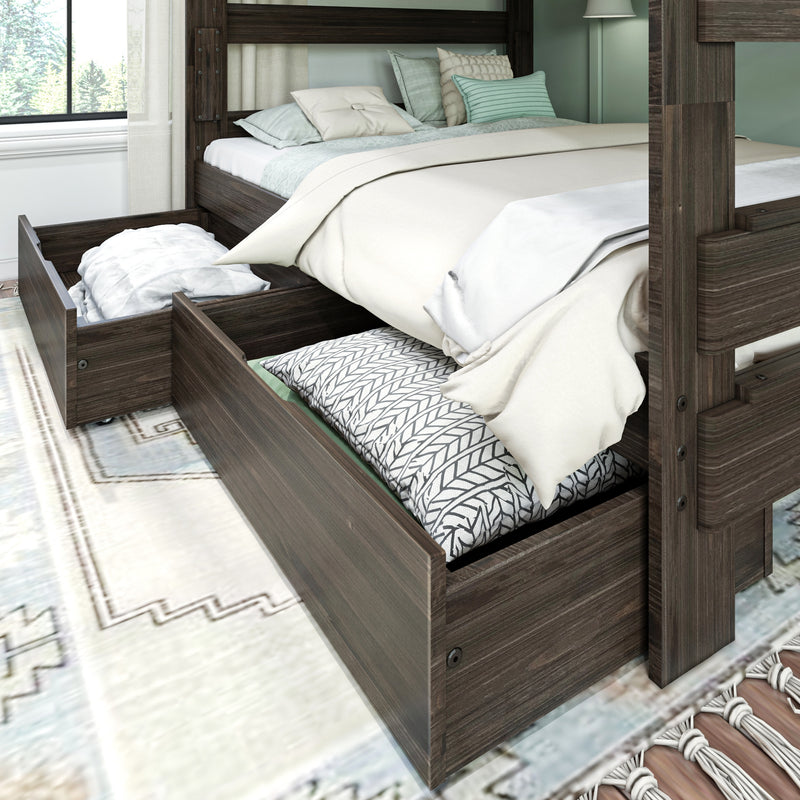 Wooden bed with storage drawers underneath, featuring cozy bedding in a modern bedroom setting.