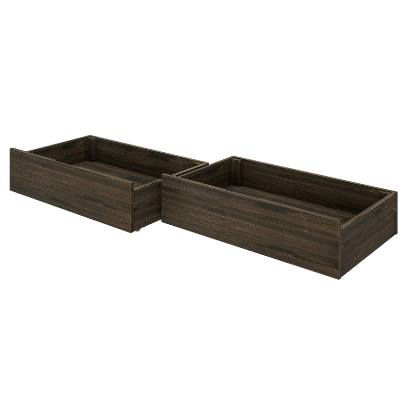 Dark wooden under-bed storage drawers for space-saving organization.