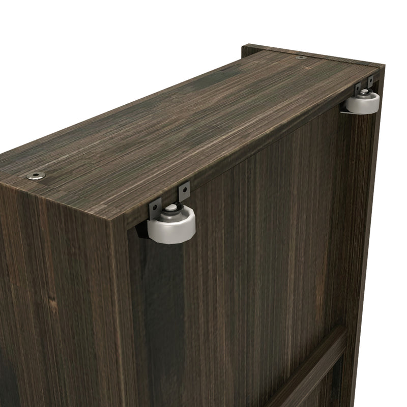 Wooden table with metal hinge detail for furniture assembly.