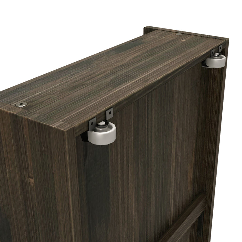 Sliding wardrobe door roller hardware with white nylon wheels on dark wood cabinet interior