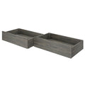 Pair of gray weathered wood under-bed storage drawers with casters, low-profile rolling wooden drawers for bedroom organization and decluttering