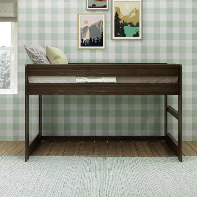 Brown wooden loft bed in a child's room with green checkered wallpaper and nature-themed wall art.