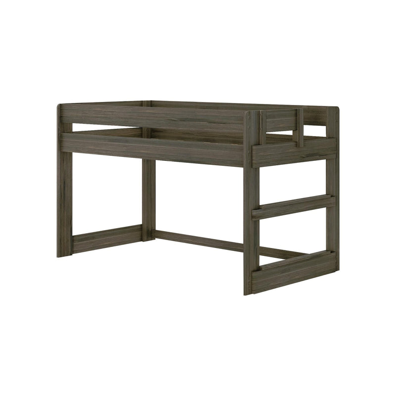 Twin loft bed frame in gray weathered wood with built-in ladder and guardrails, open under-bed space for desk or storage, modern farmhouse style