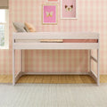 White wooden kids loft bed in pink gingham girls' bedroom with butterfly wall art, pastel pillows, hardwood floor and cream rug