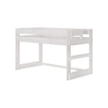 White wooden loft bed frame with integrated ladder, elevated twin-size kids' bed for space-saving modern bedroom