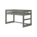 Gray wooden twin loft bed frame with guardrails and integrated ladder, raised bunk bed in rustic farmhouse finish