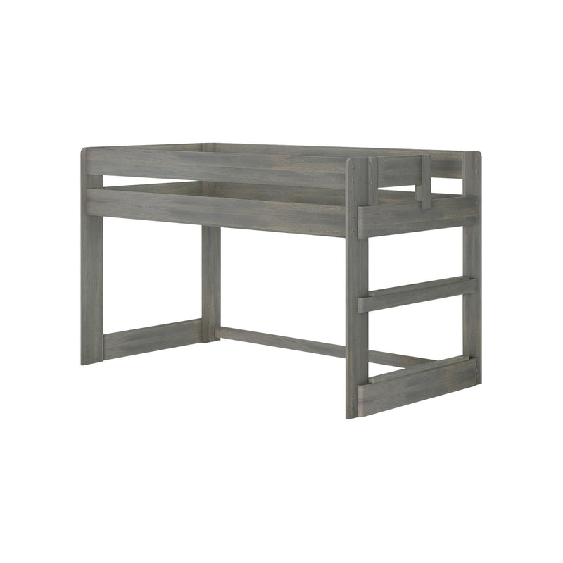 Gray wooden twin loft bed frame with guardrails and integrated ladder, raised bunk bed in rustic farmhouse finish