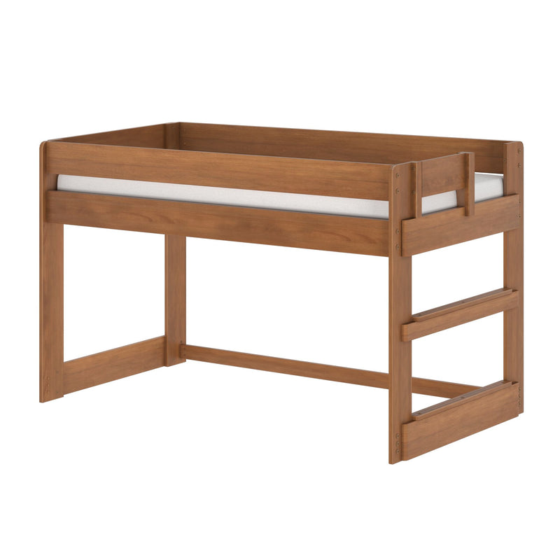 Solid wood twin loft bed frame with high safety guardrails and integrated ladder in warm oak finish, space-saving kids' bunk bed