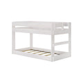 White wooden twin-over-twin bunk bed frame with built-in ladder and slatted base, modern space-saving kids bedroom bed