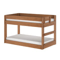Solid wood twin-over-twin bunk bed with safety guardrails and white mattresses, natural finish space-saving loft frame for kids' bedroom