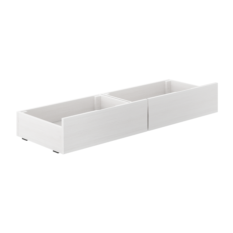 White wooden under-bed storage with two pull-out drawers, space-saving bed storage solution for modern bedroom organization