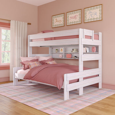 White wooden loft bunk bed with pink bedding and built-in shelves in a pastel pink girls' bedroom with framed horse prints
