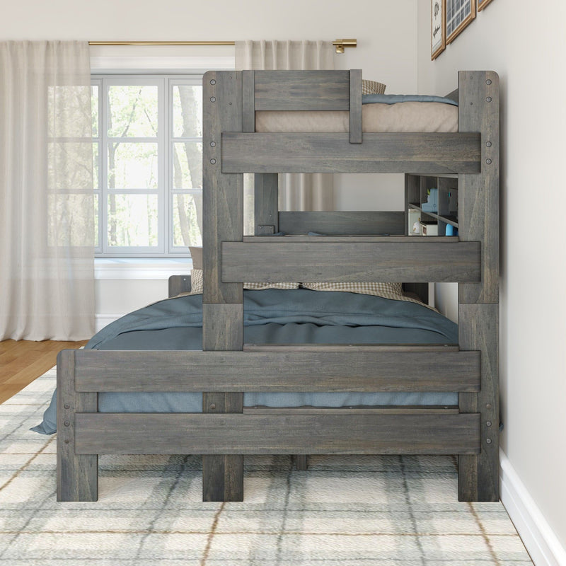 Modern Farmhouse Twin XL Over Queen Bunk Bed With Bookshelf