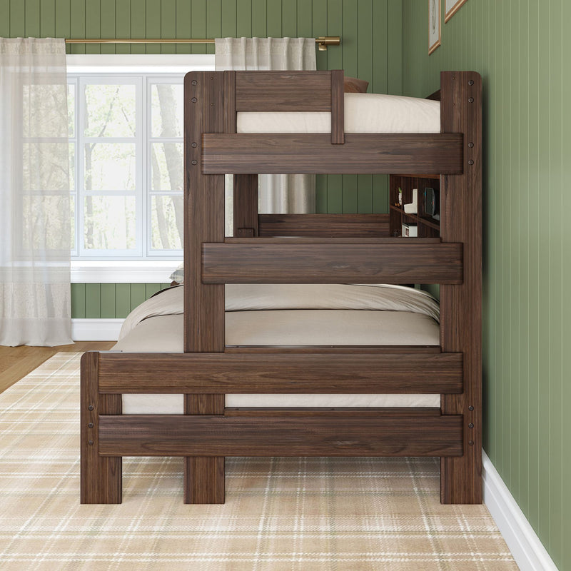 Dark walnut twin-over-twin bunk bed with built-in shelving against green paneled wall, beige bedding, plaid rug and window with sheer curtains