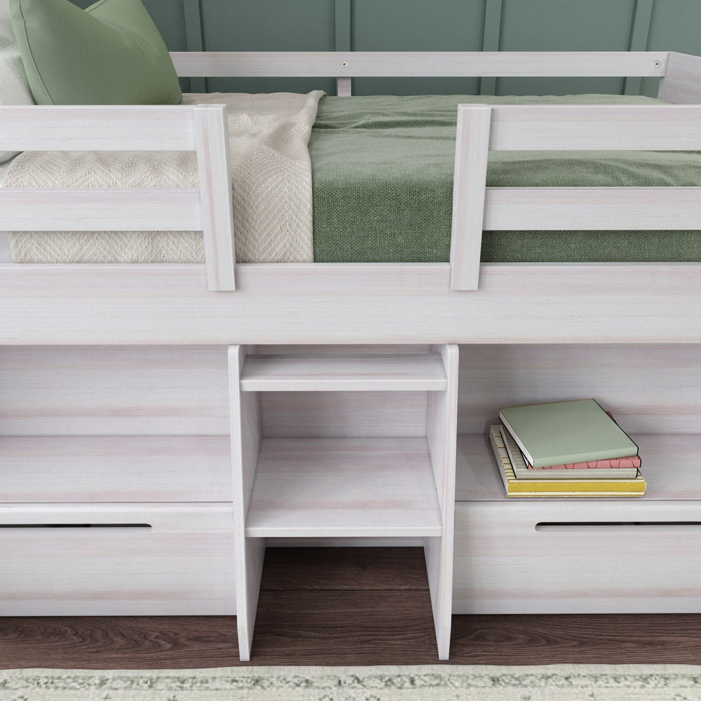 195022-182 : Loft Beds Farmhouse Low Loft With 2 Drawers, White Wash