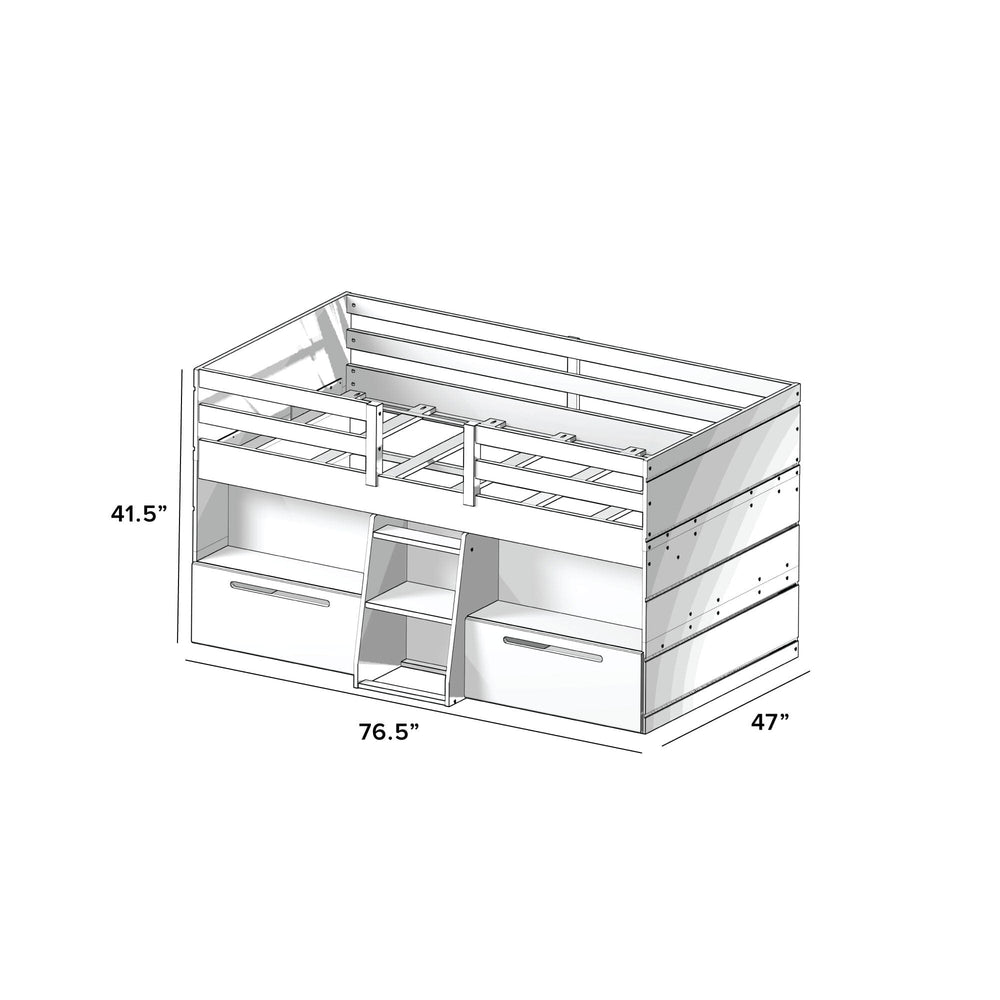 195022-182 : Loft Beds Farmhouse Low Loft With 2 Drawers, White Wash