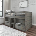 Kids' wooden loft bed with built-in storage drawers and ladder in modern bedroom.
