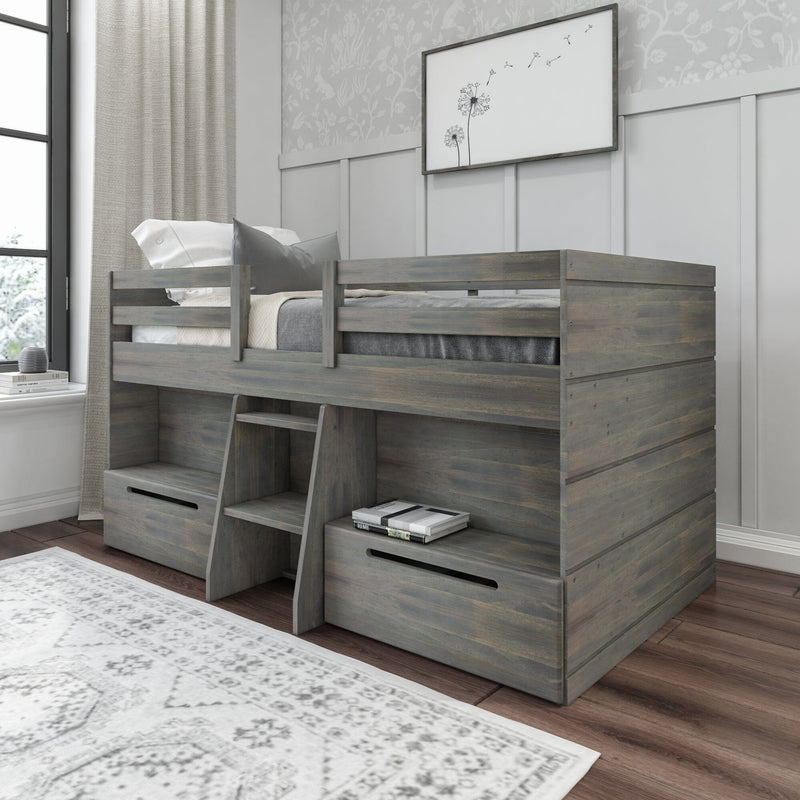 Kids' wooden loft bed with built-in storage drawers and ladder in modern bedroom.