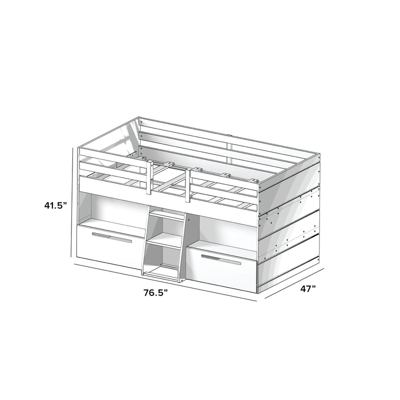 White wooden loft bed with storage drawers and measurements of 41.5 inches high, 76.5 inches long, and 47 inches wide.