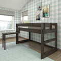 Children's bedroom with dark wood loft bed, mint green buffalo-check wallpaper, framed nature prints, study desk and gray Roman shades