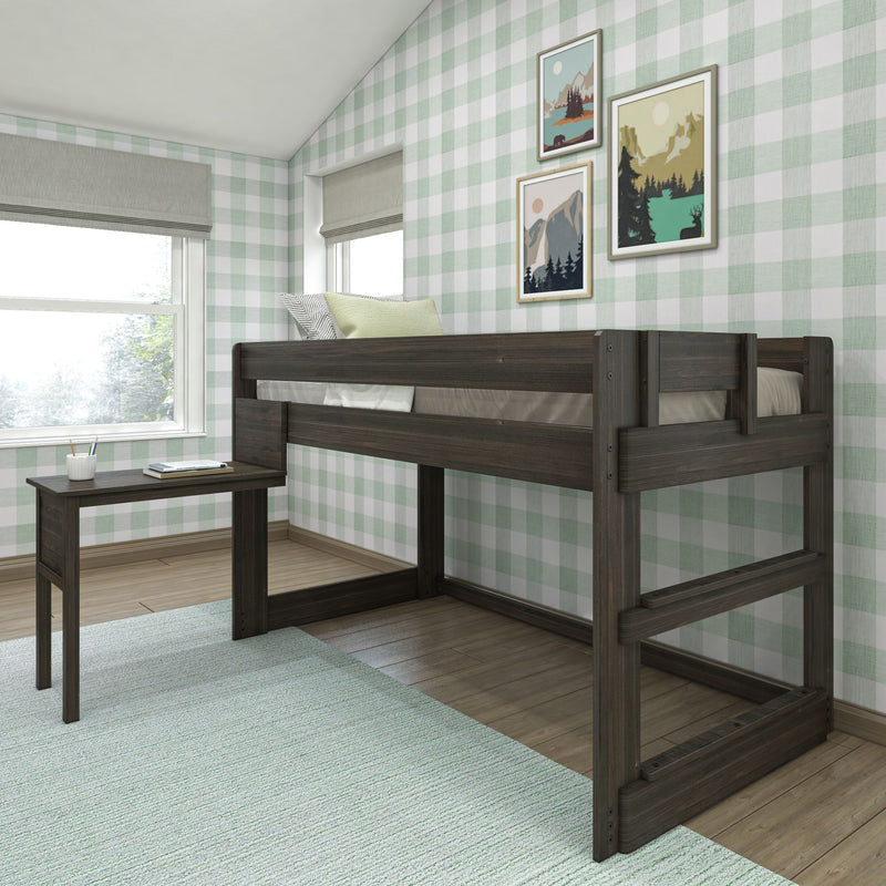 Children's bedroom with dark wood loft bed, mint green buffalo-check wallpaper, framed nature prints, study desk and gray Roman shades