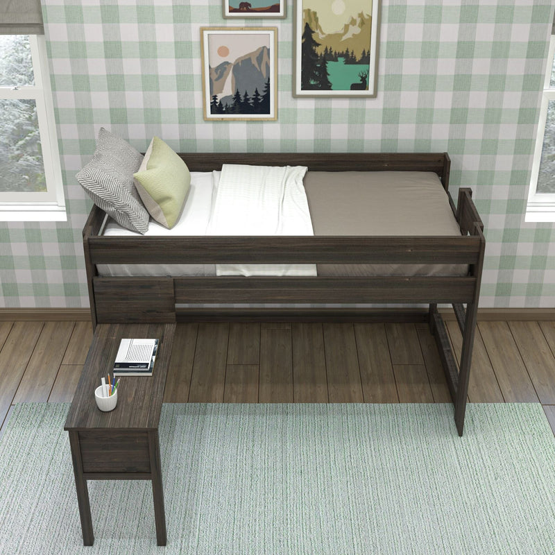 Loft bed with desk in cozy bedroom featuring plaid wallpaper and nature artwork.