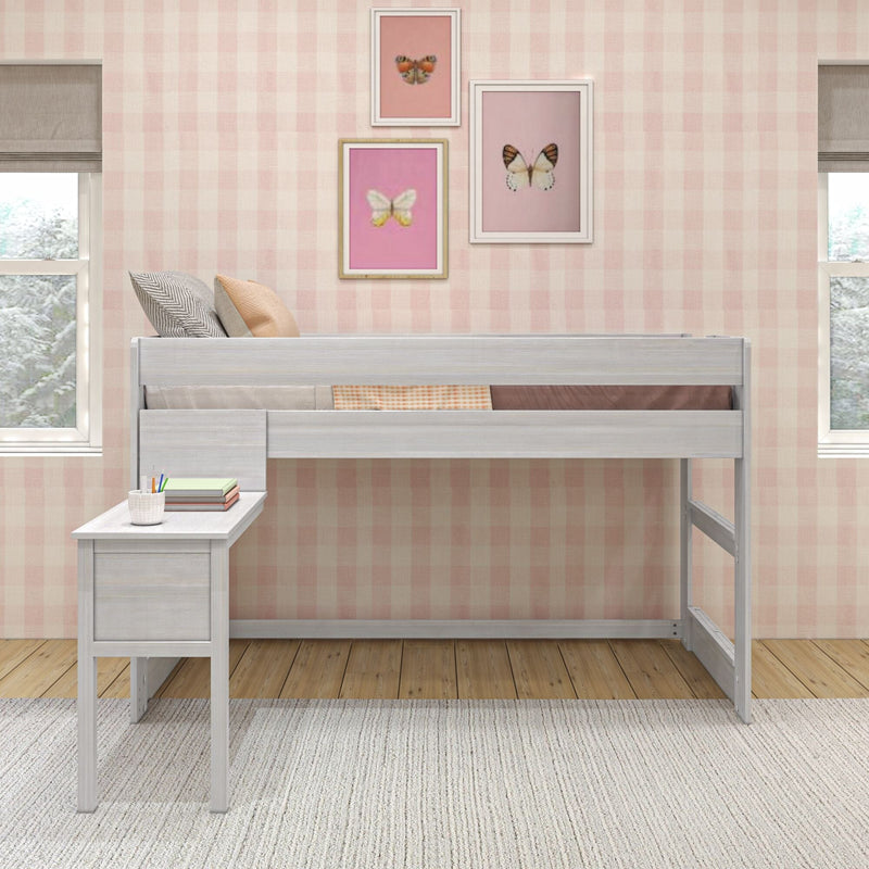 Loft bed with integrated desk in a cozy bedroom with pink checkered wallpaper and butterfly artwork.