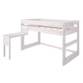 Whitewashed wooden loft bed frame with safety guardrail, integrated ladder and bench, raised twin loft bed for kids and teens, modern minimalist design for small-space bedrooms