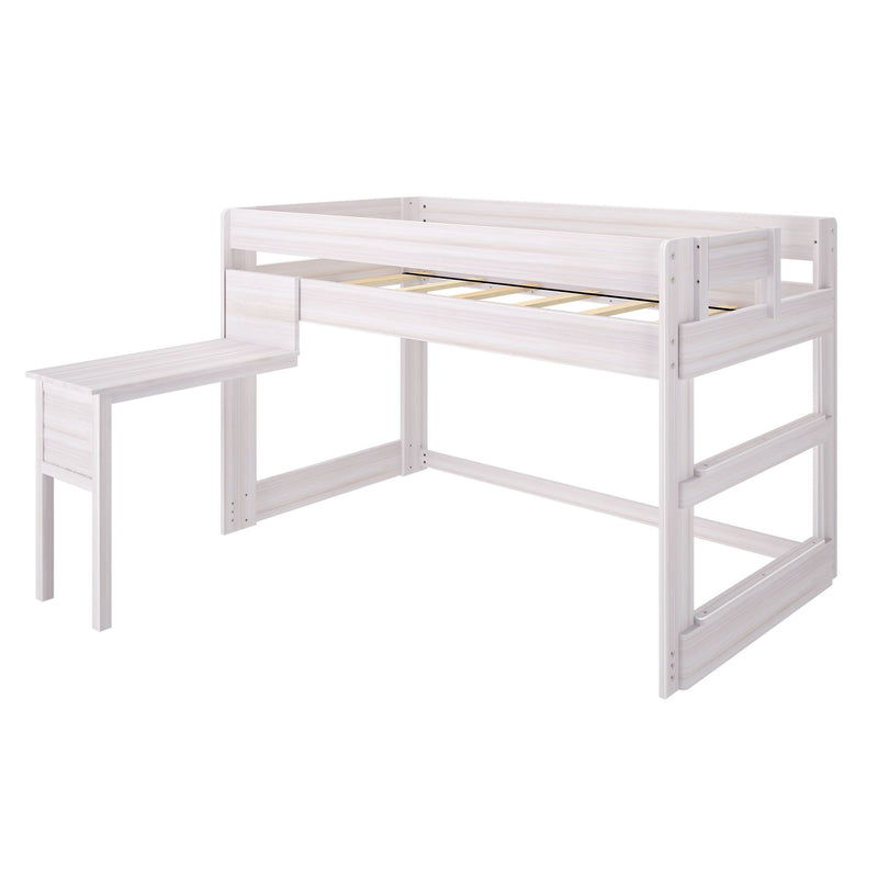 Whitewashed wooden loft bed frame with safety guardrail, integrated ladder and bench, raised twin loft bed for kids and teens, modern minimalist design for small-space bedrooms