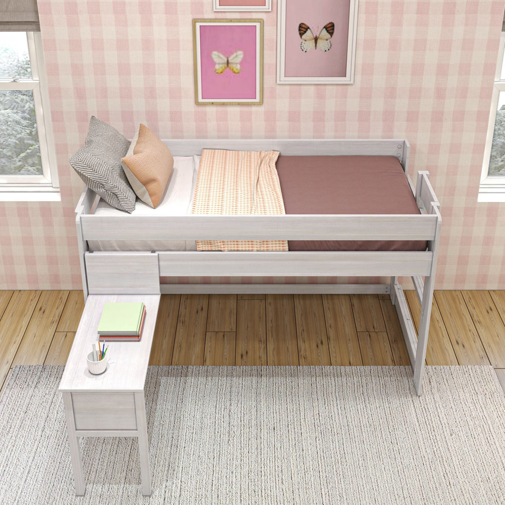 195212-182 : Storage & Study Loft Beds Farmhouse Twin-Size Low Loft With Hook-on Desk, White Wash