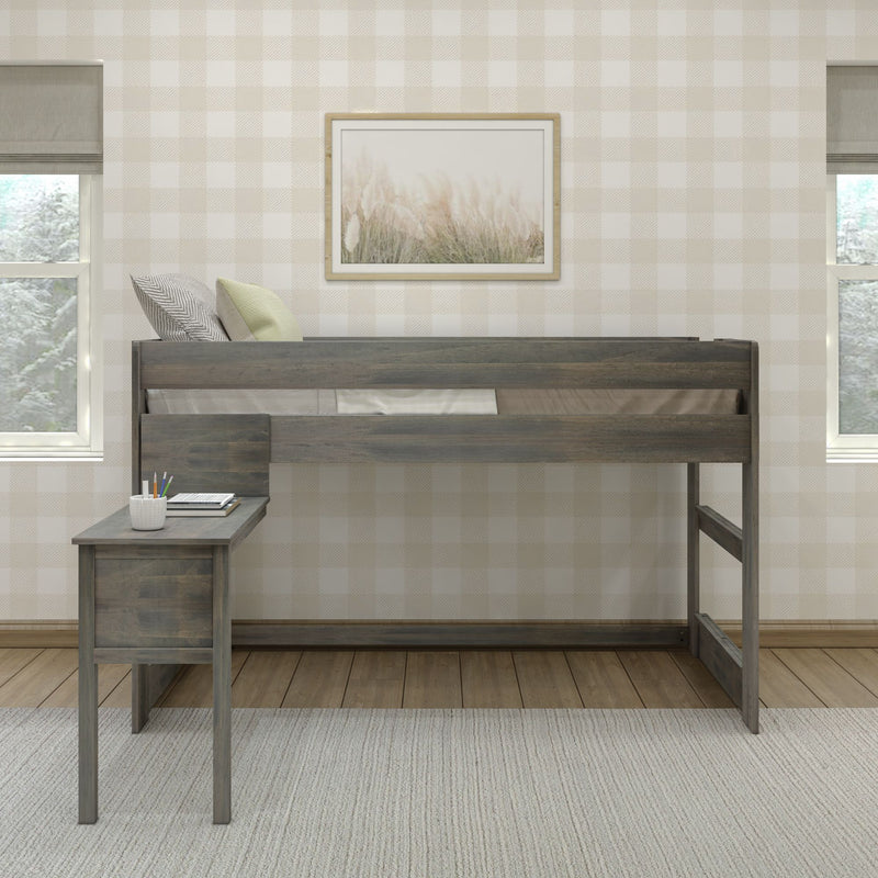 Wooden loft bed with built-in desk and pillows in a modern farmhouse kids' bedroom featuring neutral beige plaid wallpaper, framed pampas grass wall art and window light