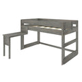 Weathered gray wooden twin loft bed with integrated bench and steps, safety guardrail and slatted mattress support for kids' bedroom