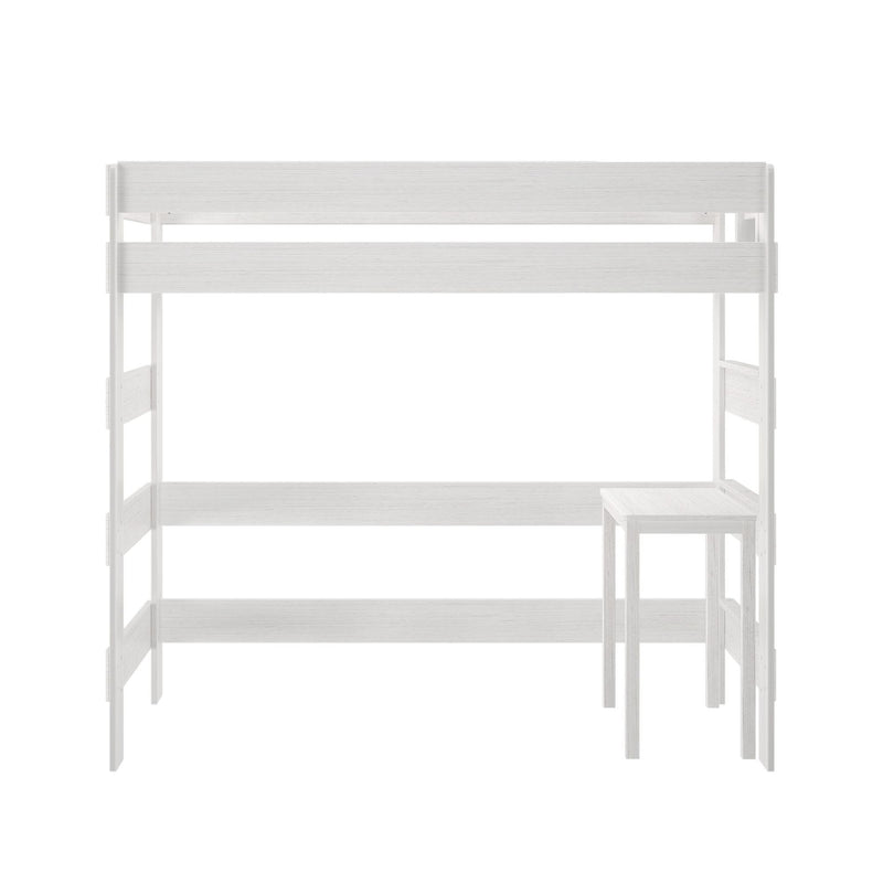 White wooden loft bed frame with ladder and matching desk.