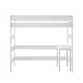 White wooden loft bed with integrated desk and stool — space-saving high sleeper for small bedrooms and studio apartments
