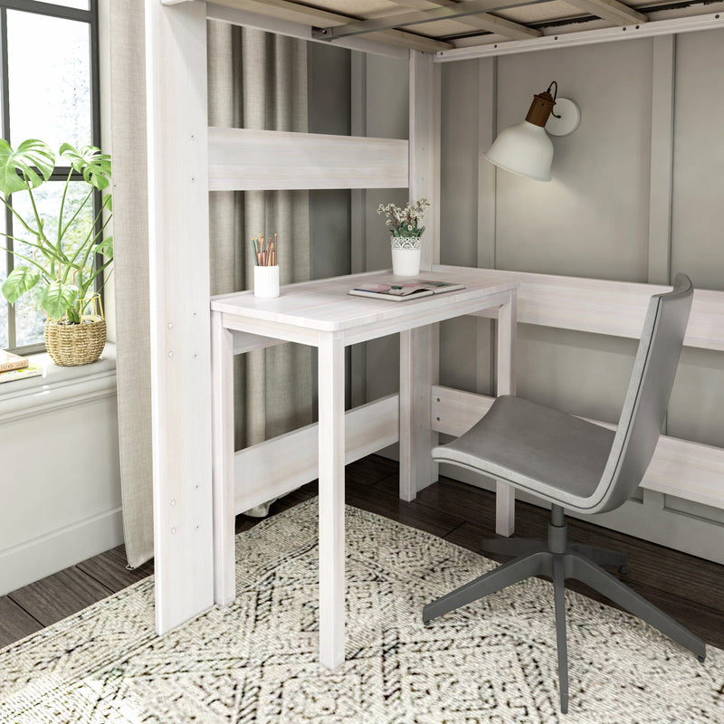 White loft bed with built-in desk, gray swivel chair, wall lamp and potted plant by window — compact modern bedroom study nook