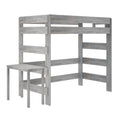 Weathered gray wood twin loft bed frame with safety guardrails and built-in desk — space-saving rustic bunk bed for kids and teens