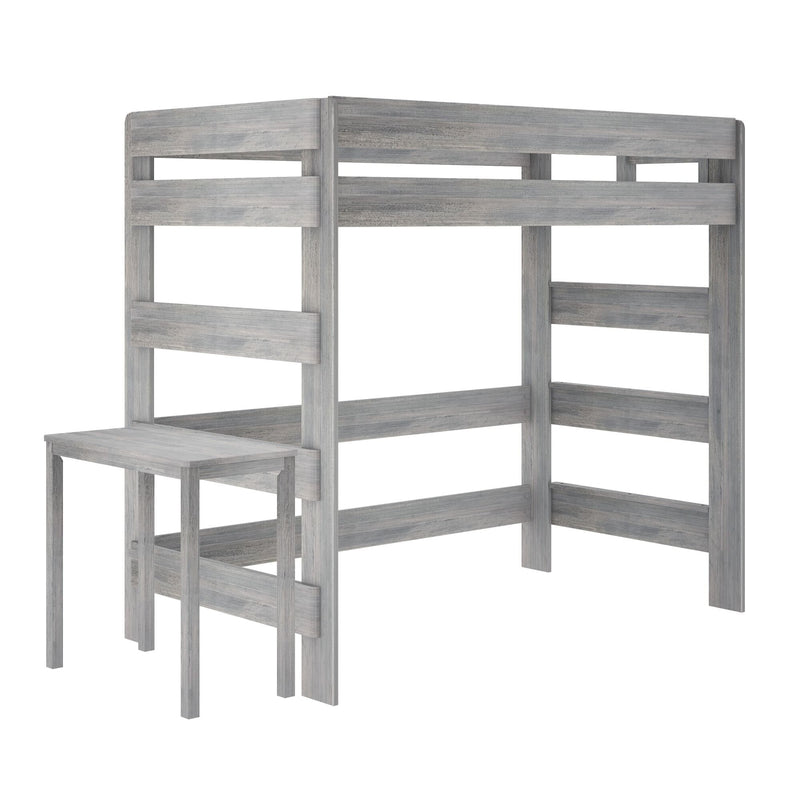 Weathered gray wood twin loft bed frame with safety guardrails and built-in desk — space-saving rustic bunk bed for kids and teens