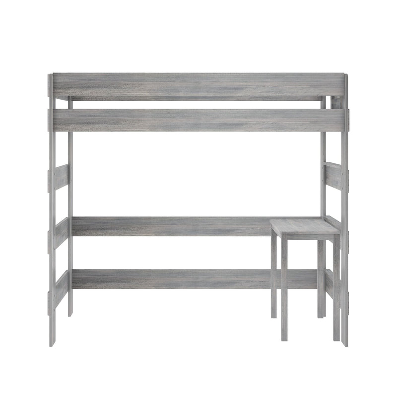 Gray wooden loft bed frame with ladder and attached desk for kids and teens.