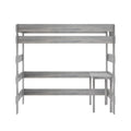 Modern gray wood twin loft bed with integrated desk and stool, sturdy bunk bed frame with ladder for kids and teens