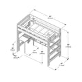 Wooden twin loft bed assembly diagram with built-in desk and ladder, space-saving bunk-style bed shown with labeled dimensions in inches and centimeters