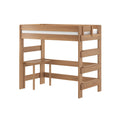 Solid wood twin loft bed in natural oak finish with safety guardrail, ladder, and integrated study desk, modern kids bedroom furniture