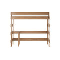 Solid oak twin bunk bed frame with built-in ladder and safety guardrail in natural wood finish, minimalist modern design