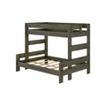 Gray wood twin-over-full loft bunk bed frame with safety rails and slatted mattress supports, modern kids' bedroom furniture